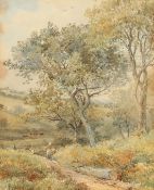 John Henry Mole (1814-1886) British, wayfarers on a country path with grazing cattle beyond,