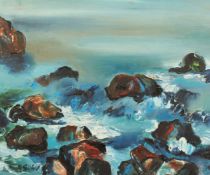 Sava Savov (20th century) A rocky coastal scene, oil on canvas, signed 21.25 x 22.5 .