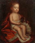19th century English school, A portrait of a young child with his dog, oil on board, 28