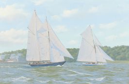 Ron Charles Mitchell (b. 1960) British, A view of vintage yachts Racing off the Isle of Wight, oil