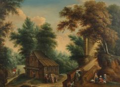 Manner of Theobald Michau, figures crossing a bridge with conversing wayfarers by a cottage, oil