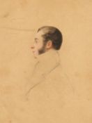 French school 19th century, miniature study of a gentleman in profile, watercolour, 6 x 4.25 .