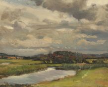 Wilfred S Pettitt, river landscape with a village and a church beyond, oil on panel, 8.5 x 10.5 .
