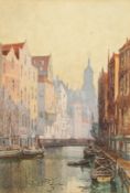 Miller, Early 20th Century, a Continental Canal Scene with boats moored near a bridge,
