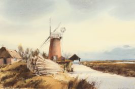 Leslie L H Moore, A Broadland scene with a windmill, watercolour, signed, 14.25 x 21.5 , provenance: