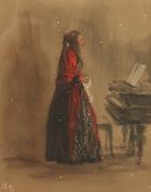 After Adolph Von Menzel, A lady by a piano, chromolithograph, 7 x 5.5 , (a/f).