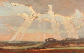 John Brown, Landscape with rays of light shining through the clouds over fields, oil on panel,