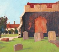 David Briton (1945-1920) British, Essex Church , oil on board, 16 x 14.25 .