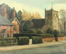 Brenda Johnston (b. 1930) British, a country village with a church exterior, oil on canvas, signed