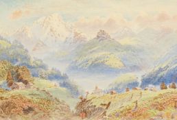 Charles Jones Way (1834-1919) British, Wayfarers conversing by fields in an Alpine landscape,