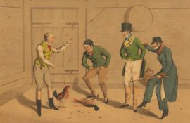 Clark after Alken, A pair of coloured etchings of cockfighting scenes, plate one and plate two. Each