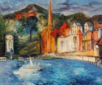 A continental port scene, oil on canvas, 20 x 24 .