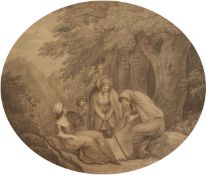 18th century scene of figures cooking around a campfire, print, verre eglomise frame, 12 x 14 ,