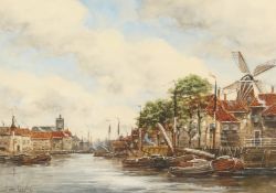 Jan Van Couver (1864-1910) Dutch, A Dutch Port scene with moored boats and buildings, watercolour,