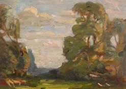 John Brown, An impressionist landscape scene with trees in a woodland, oil on board, signed, 10 x 14