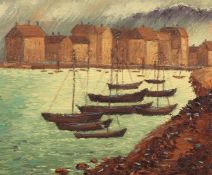Mid-20th Century Continental School, fishing boats moored in a harbour with buildings and