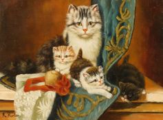 R. Horton, a cat with her kittens on a tabletop, oil on panel, signed, 12 x 16 .