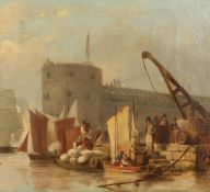 Attributed to William Anderson (1757-1837). Figures unloading a barge, canvas laid down on oak