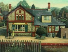 Brenda Johnston (b. 1930) British, A scene of a country cottage with figures and a cat, oil on