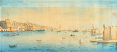 G. Chetcuti c. 1950, A panoramic view of Maltese harbour, with battleships and traditional Maltese