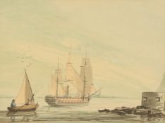 18th/19th century, A continental view of a Man O War at anchor in a fortified bay, watercolour,