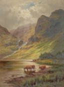 Henry Deacon Hillier Parker, (1858-1930) British, A Highland view with cattle watering by a lake,