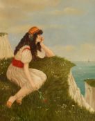 A scene of a lady on a cliff top, oil on panel, 10 x 8 .