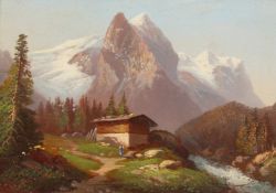 20th century, An Alpine landscape with a figure approaching a building with mountains beyond, oil on