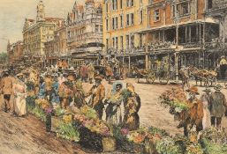 20th century South African School, Figures at a flower market (possibly Cape Town), coloured