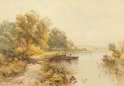 John Steeple (1823-1887) British, Boats moored in a river landscape with a bankside cottage,