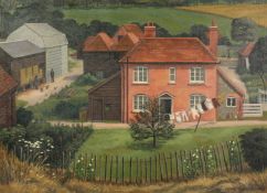 Brenda Johnston (b. 1930) British, A farm building with washing drying on the line, oil on canvas,