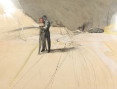 Yves Bage (b.1947) Belgian, L Indienne a scene of figures embracing, mixed media, signed, 43 x 59 (