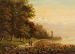 C. Perren C.1899, A continental view of figures on a path by an Alpine Lake, signed and dated 9 x 12