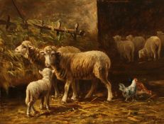 Albert Charpin (1842-1924) French, Sheep and chickens feeding in a barn interior, oil on mahogany