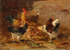 Early 20th Century Continental School, A scene of chickens in a barnyard interior, oil on mahogany