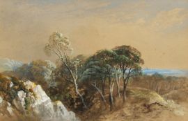 G. Pearson, Circa 1858, a tree lined landscape with a coastline beyond, watercolour, signed and