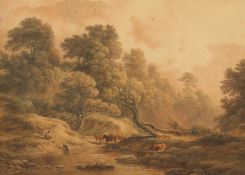 Attributed to John Glover, A figure with his dog on the bank of a stream with cattle watering,