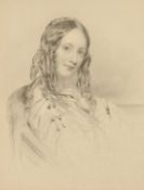 A 19th century engraving of a seated lady, with label verso, 9 x 7 .