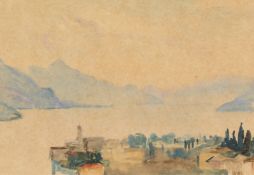 20th Century British School, A scene of a Continental Lake with mountains beyond, watercolour,