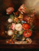 20th century. A still life study of mixed flowers in a glass vase on a marble ledge, oil on panel,