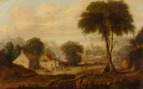 Abel Hold (1815-1891) British, The village fjte with an artist in the foreground and a castle