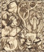 Modern British, Oriental fantasy (said to be Marco Polo), pen + ink, inscribed and indistinctly