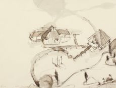 Kcho, Alexis Leiva Machado (b. 1970) Cuban, Vista General a scene of buildings in a cove, ink and