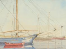 Sam Barclay (20th Century), a study of moored sailboats, watercolour, signed and dated 50, 14 x19 .