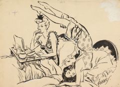 Arthur Ferrier (1891-1973) British, A scene of two females in bed, one acting, the other
