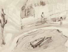 Kcho, Alexis Leiva Machado (b. 1970) Cuban, A figure by a beach hut with boats in the foreground,