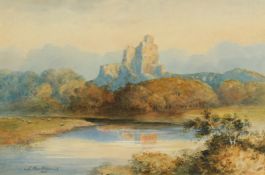 J MacDiarmid (19th/20th century) A view of castle ruins on a hilltop with a river and grazing sheep,