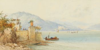 Frank Catano (1880-1920) Italian, figures at a coastal villa with sailboats on the lake beyond,