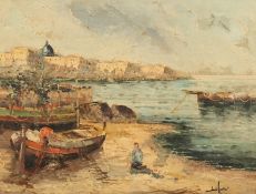 20th century continental school, A figure and boats in a Mediterranean harbour, oil on canvas,