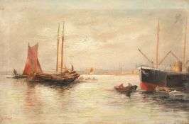 19th Century English School, A pair of marine paintings of ships and barges moored in a port, oil on